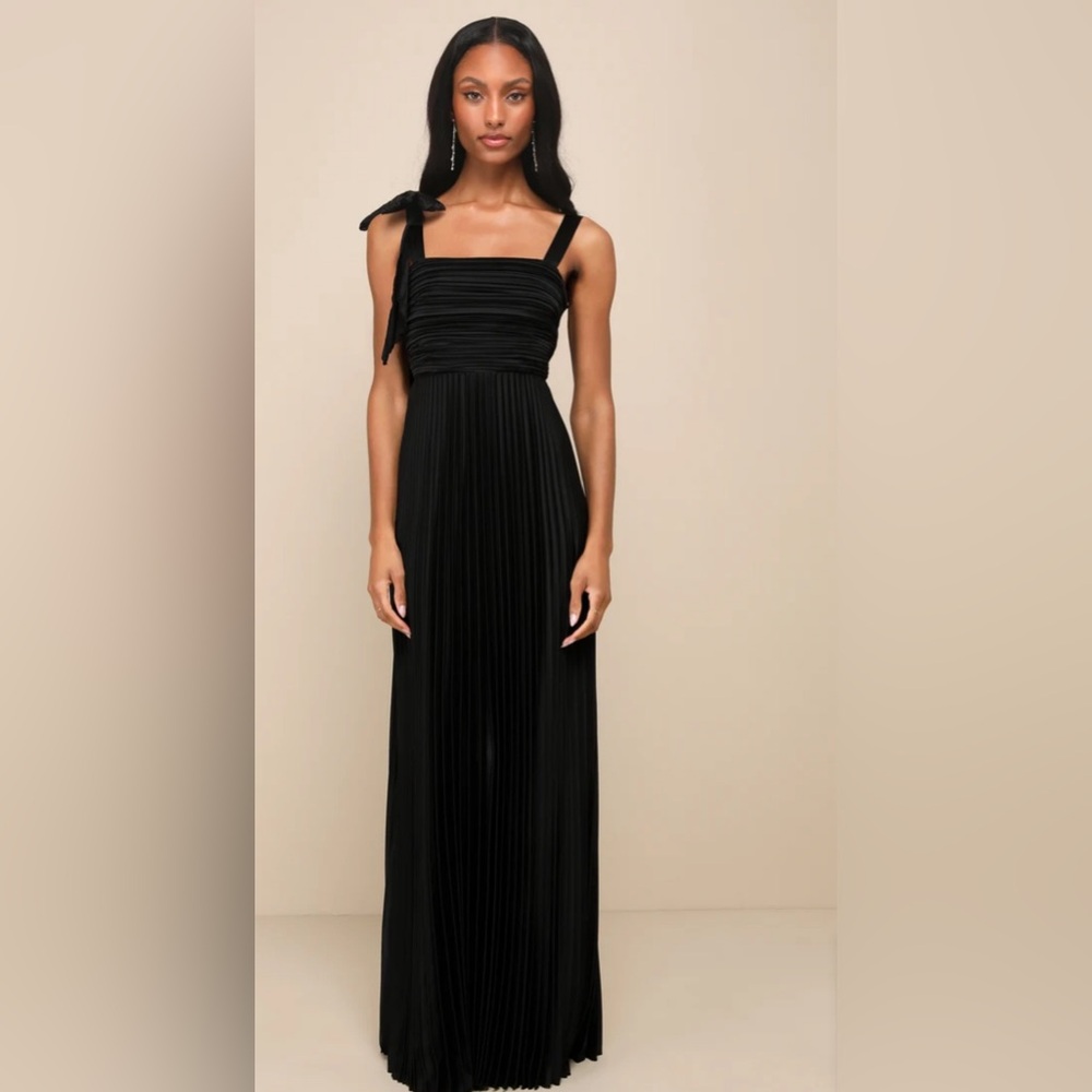 COPY - Lulus Gorgeous Purpose Black Satin Pleated Sleeveless Bow Maxi Dress